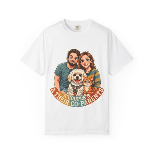 A Couple & Their Co-Parents Dog & Cat Family T-Shirt in White, front view