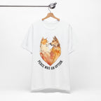 Peace Was an Option Cat & Dog Heart T-Shirt in White on a wooden hanger