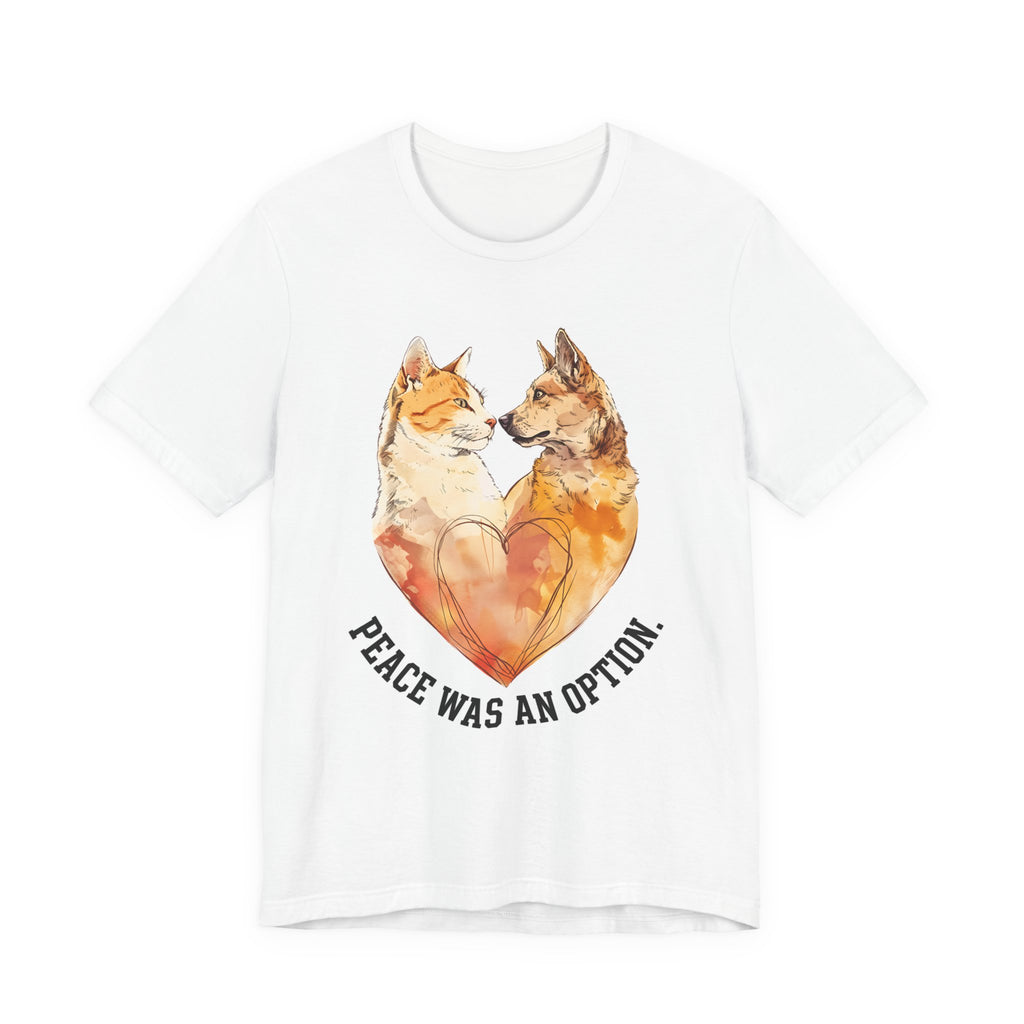 Peace Was an Option Cat & Dog Heart T-Shirt in White, front view