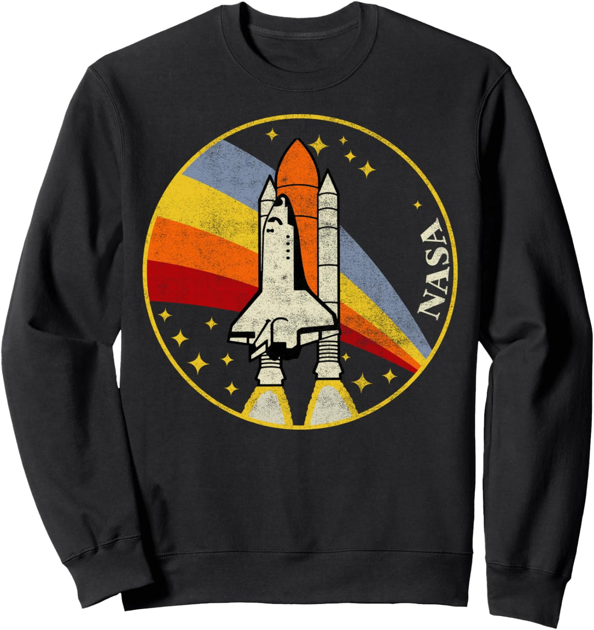 Rainbow rocket launch graphic crewneck sweatshirt in navy blue for space lovers