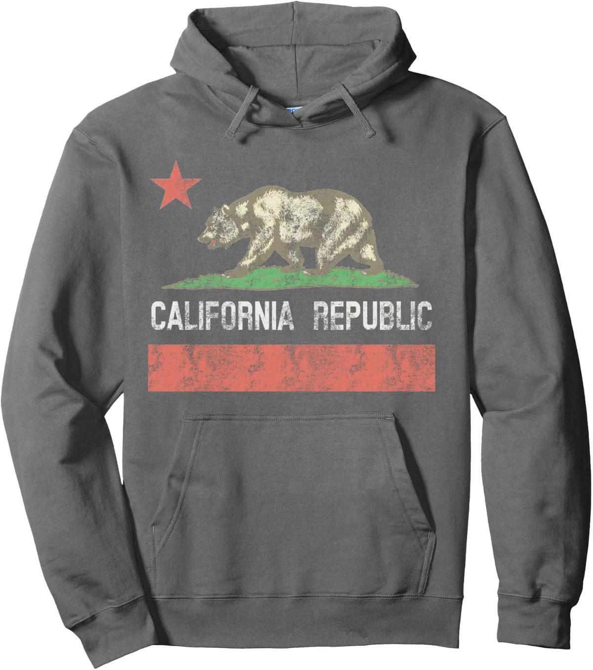 Vintage California bear flag pullover hoodie in charcoal grey with retro state artwork