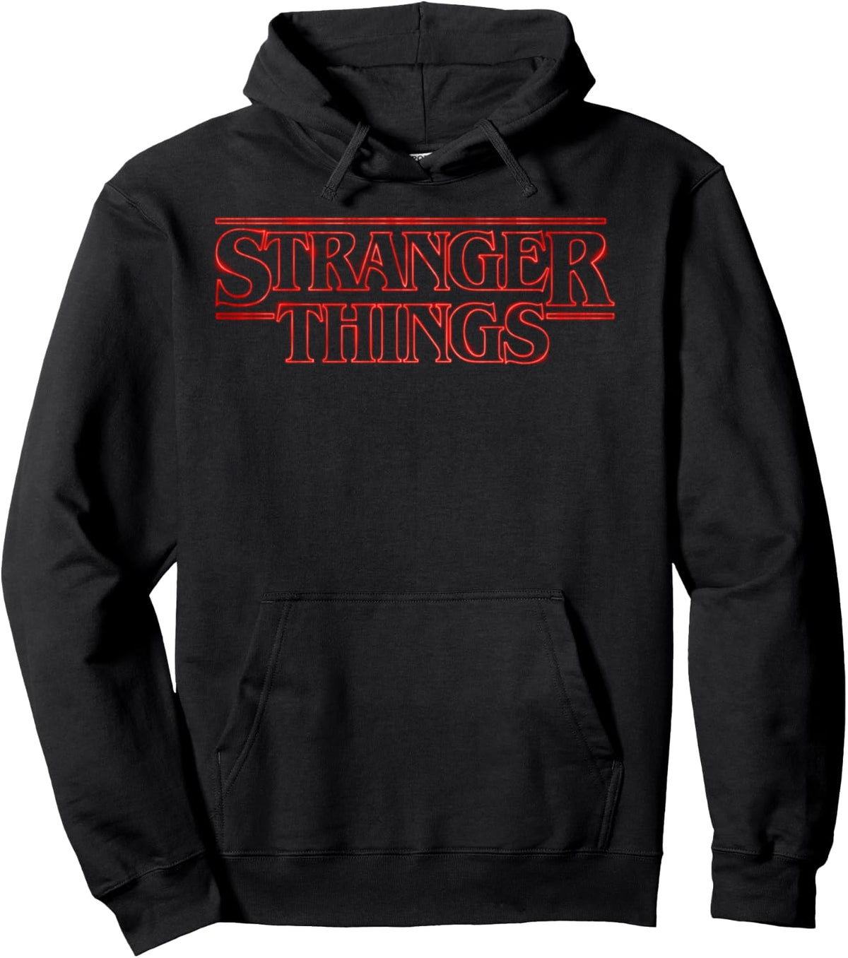 Retro 80s neon sign graphic pullover hoodie in black with glowing lettering