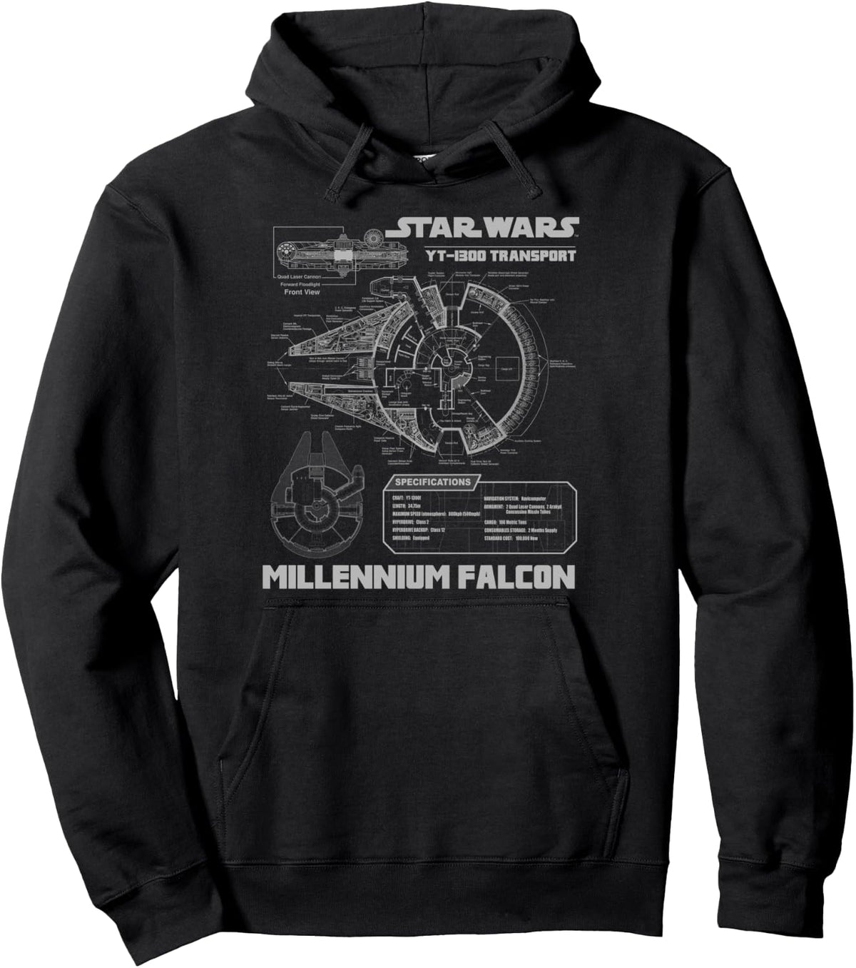 Retro spaceship blueprint schematic pullover hoodie in asphalt grey for sci-fi fans