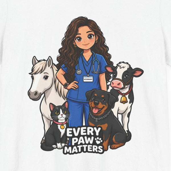 Close-up of the Every Paw Matters print: vet nurse in blue scrubs with a horse, cow, Rottweiler and tuxedo cat, on the White tee