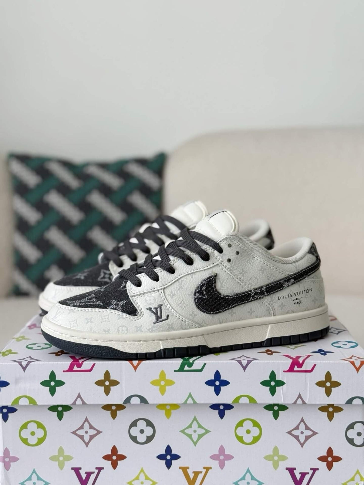 LV - Dunk Low Designer Sneakers in Black and White Monogram Canvas
