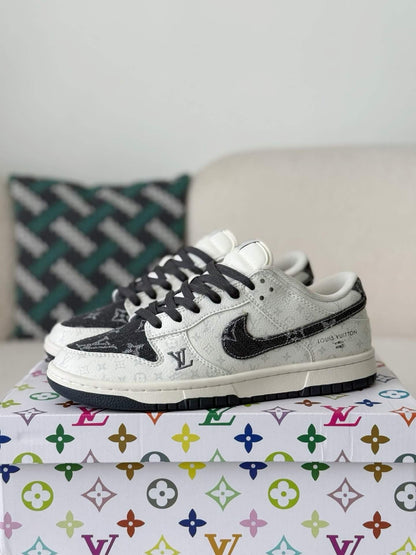 LV - Dunk Low Designer Sneakers in Black and White Monogram Canvas