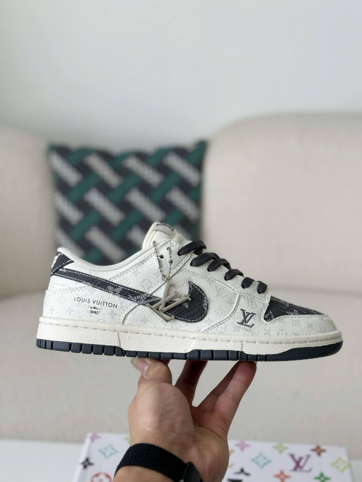 LV - Dunk Low Designer Sneakers in Black and White Monogram Canvas