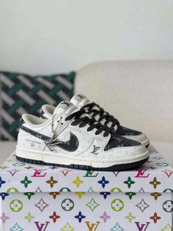 LV - Dunk Low Designer Sneakers in Black and White Monogram Canvas