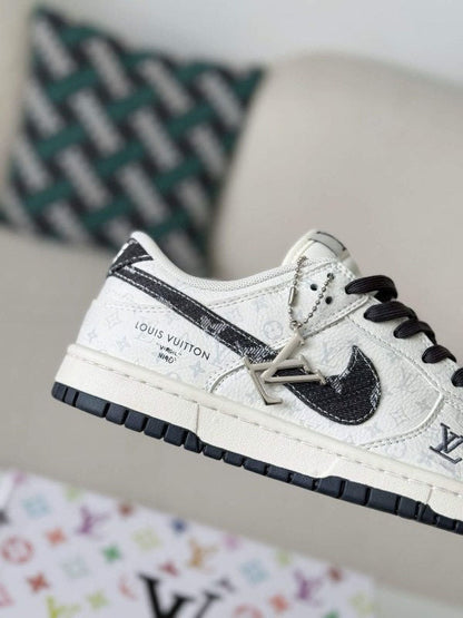 LV - Dunk Low Designer Sneakers in Black and White Monogram Canvas