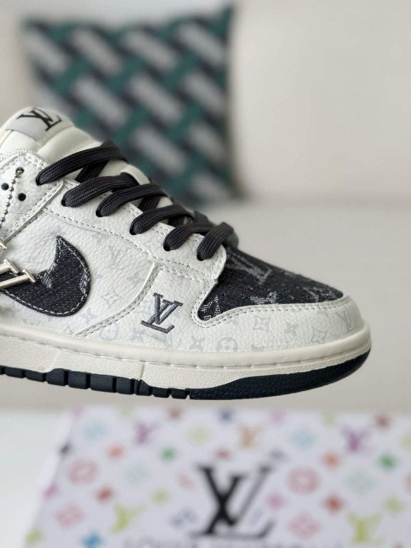 LV - Dunk Low Designer Sneakers in Black and White Monogram Canvas