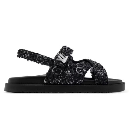 LV Sunset Flat Comfort Designer Sandals Black Tweed Fabric
