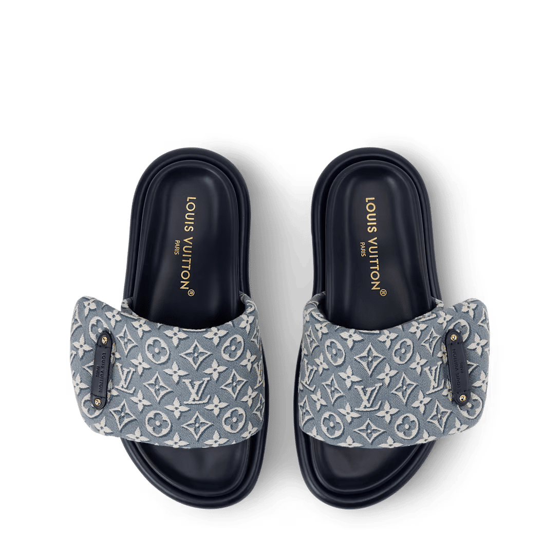 LV Pool Pillow Comfort Flat Mules Blue Jacquard