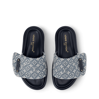 LV Pool Pillow Comfort Flat Mules Blue Jacquard