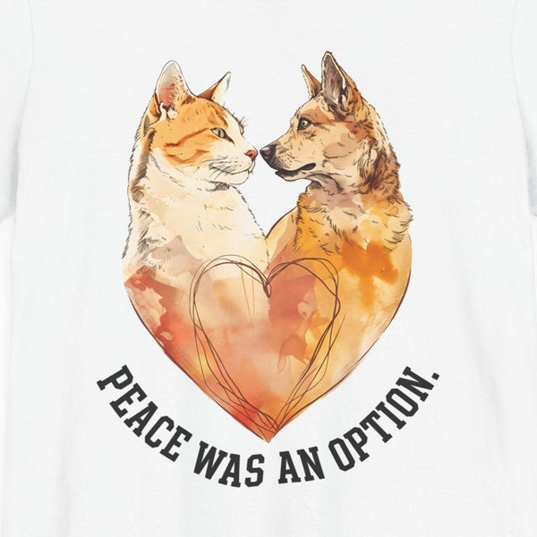 Close-up of the Peace Was an Option print: watercolor cat and dog nose to nose forming an orange heart, on the White tee