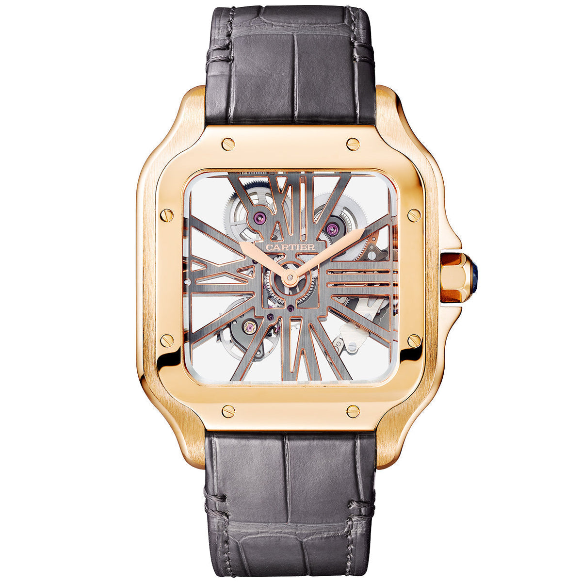 Santos de CT Large 18ct Rose Gold Skeleton Dial Strap Watch